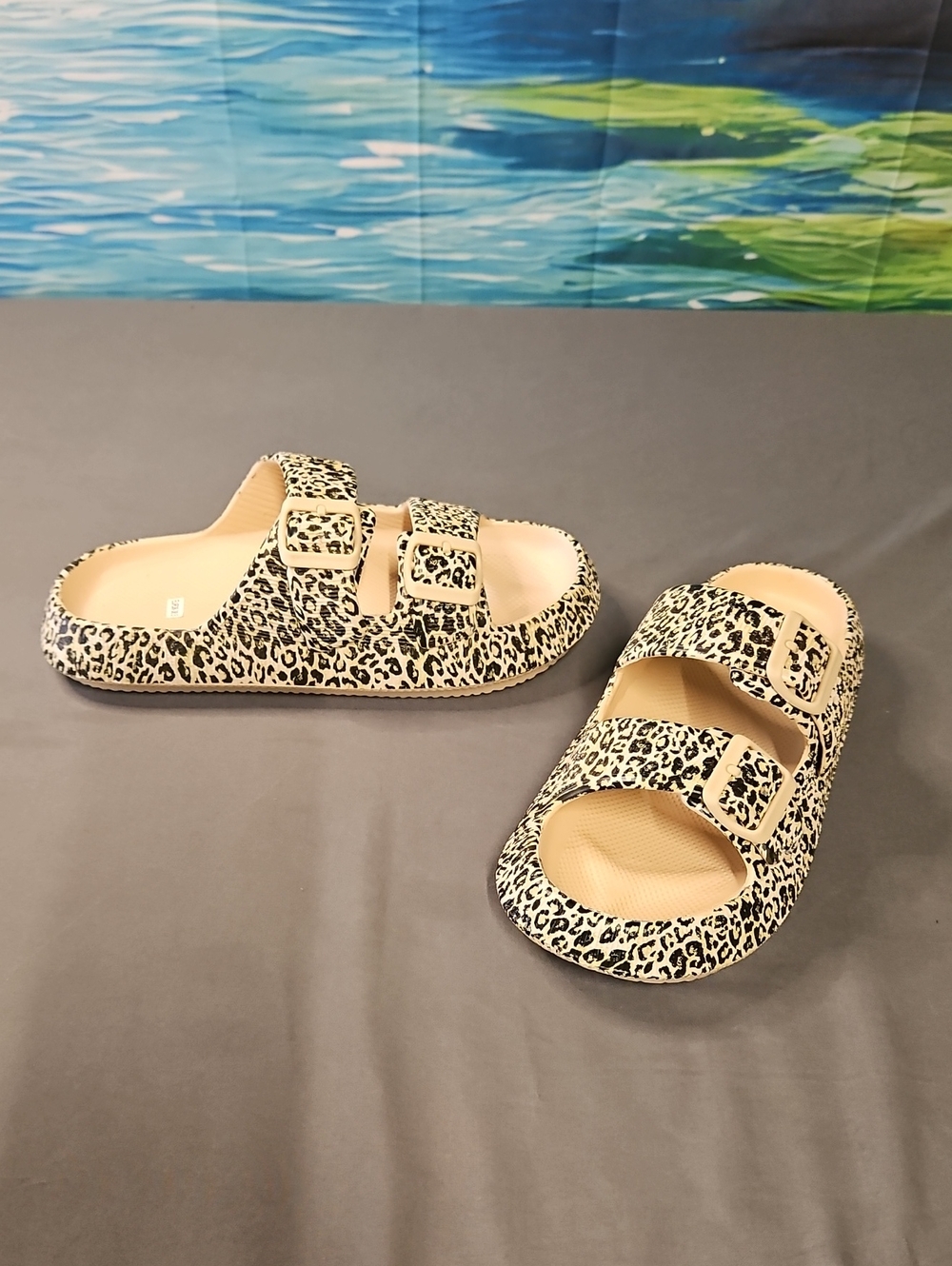 Leopard Print Double-Buckle Slide Sandals - Beige/Black